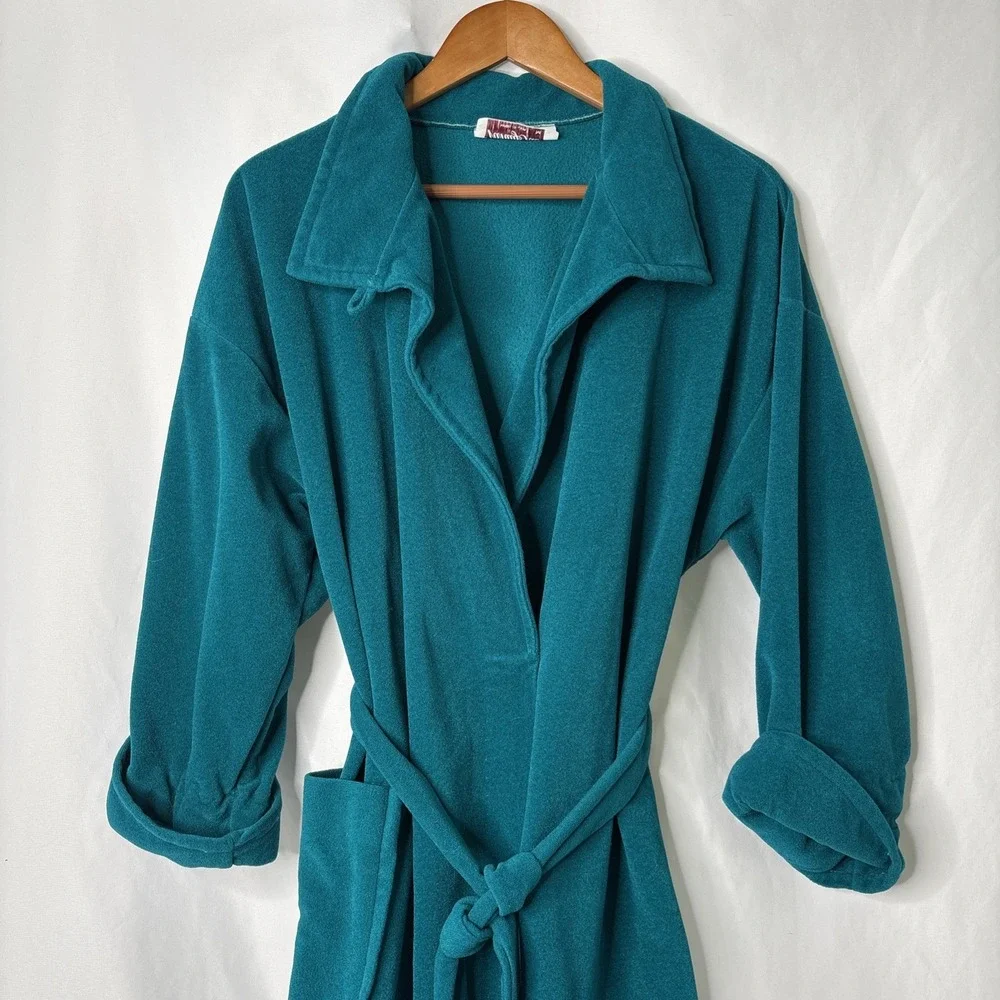 Vanity Fair Vintage Womens M Green‎ Aqua Fleece Long Sleeve Robe Sleepwear USA